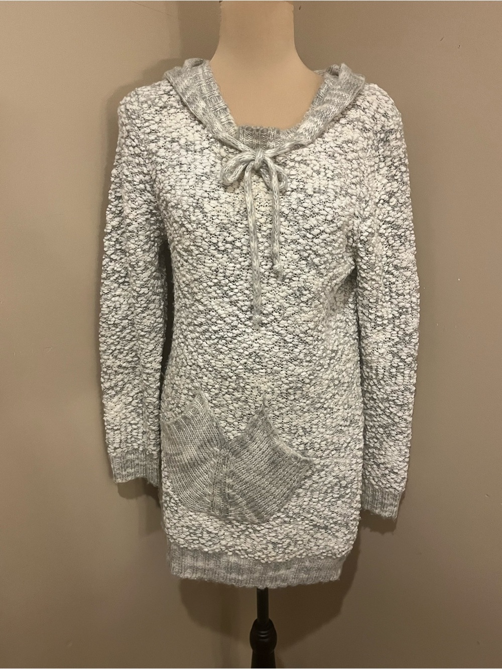 Papillon  Light Gray Popcorn Knit Hooded Sweater Dress/Tunic, Medium